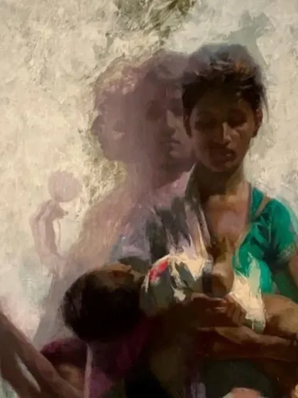 A close-up of the "Slum Family" painting, highlighting the ghostly, layered figures.