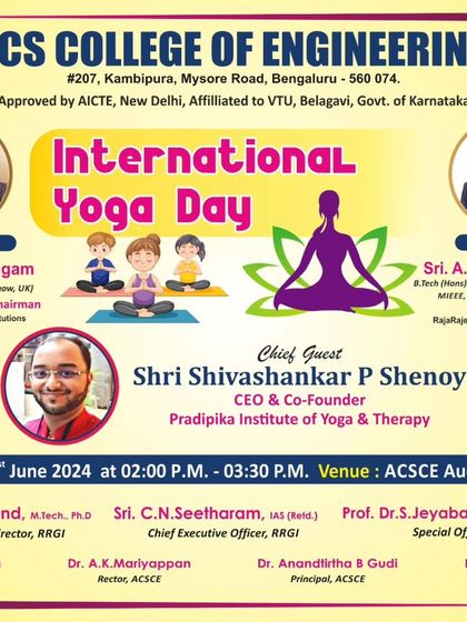 We were invited as the Chief Guest to lead the International Day of Yoga celebrations at ACS College of Engineering. This poster highlights our role in the event, reinforcing our credibility and trusted position within the academic community in Bengaluru.