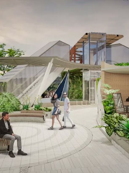 Upon exiting Terminal 4 of CIAL, travelers are greeted by a mast-shaped waterfall and a pergola-shaded seating court. The seating is inspired by Kerala's traditional 'Sopanam' style, reinterpreted in a contemporary form.