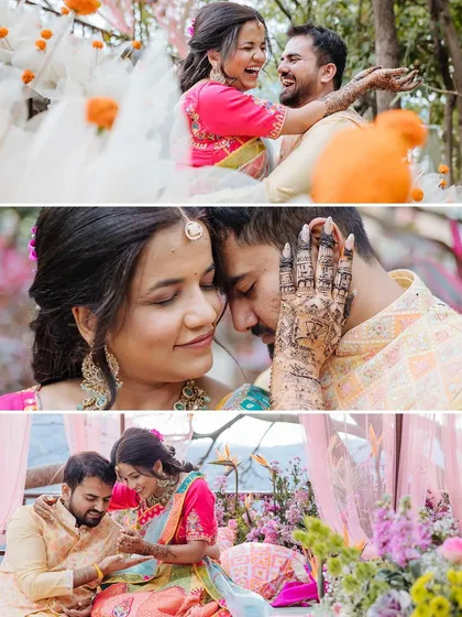A collage of romantic and playful moments from the couple's Mehendi shoot in Jim Corbett.