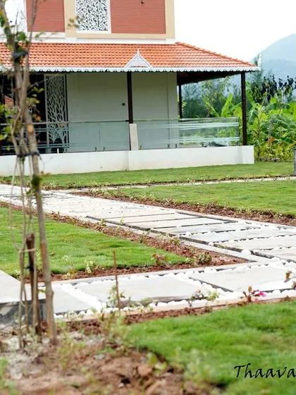 A long view of a residential garden, showing how the stone pathways create clean lines and guide movement through the space.