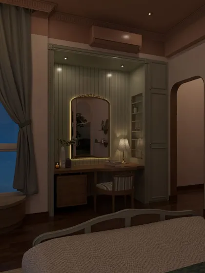 The room's lighting is designed to create a cozy ambiance in the evening, with accent lights highlighting the vanity area and adding a warm glow to the space.
