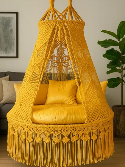Make a bold statement with a color that you love. This vibrant yellow canopy bed swing is a perfect example of how we can customize the design and color to match your home's personality. It’s a piece of art you can relax in.