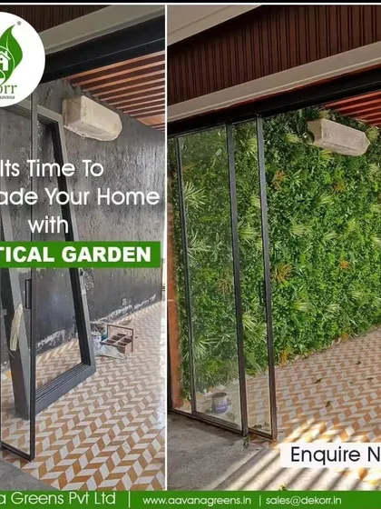 A before-and-after that shows the dramatic impact of a vertical garden. We covered this exterior wall with a lush green panel, instantly upgrading the building's facade and adding a touch of modern design.