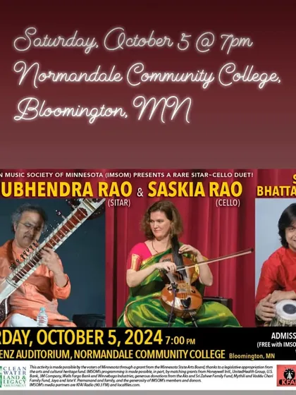 A poster for a rare sitar-cello duet presented by the Indian Music Society of Minnesota. We are grateful to organizations that help promote classical music across the world.