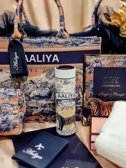 Another view of the complete personalised gift set, showcasing how all the items coordinate perfectly.