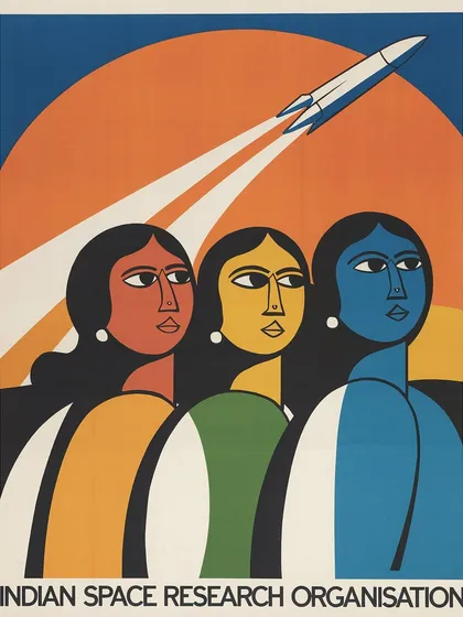 A retro-futurist poster concept for ISRO, inspired by mid-century graphic design. This series celebrates India's space program with a vintage aesthetic.