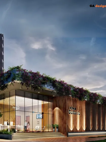 A rendering of the entrance to Club Solaris. The design combines natural wood cladding with large glass walls and a green roof, creating a welcoming and modern clubhouse that connects with the surrounding landscape.