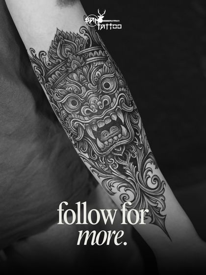 A breathtaking Kirti Mukha (Face of Glory) tattoo, executed with incredible detail and shading. This piece is a powerful emblem of divine protection and spiritual evolution.