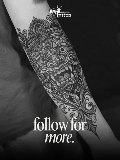 A breathtaking Kirti Mukha (Face of Glory) tattoo, executed with incredible detail and shading. This piece is a powerful emblem of divine protection and spiritual evolution.