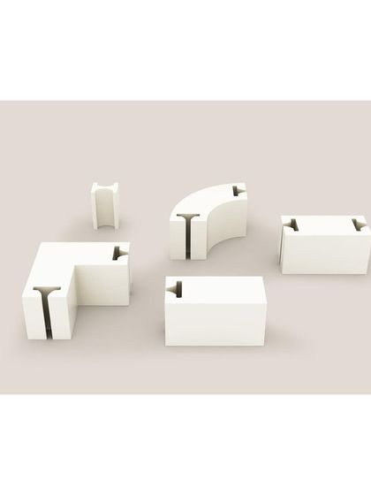 These are the five core modules of the LOKI system: an end, straight, curved, corner, and connector piece. These simple building blocks can be combined to create endless seating configurations.