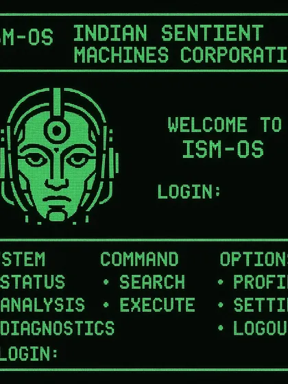A login screen for ISM-OS, the operating system of the Indian Sentient Machines Corporation. This builds out the world of INSEMCO with user interface design.