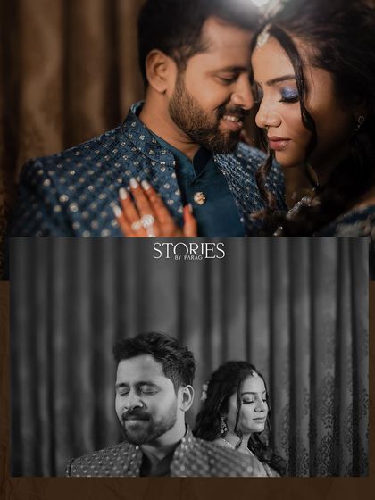 A collage of intimate couple portraits, one in vibrant color and the other in timeless black and white. It showcases their close bond and the quiet, happy moments shared during their wedding celebrations.