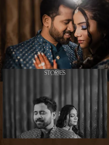 A beautiful blend of color and monochrome. This collage juxtaposes a warm, intimate color portrait with a classic, contemplative black and white shot, showing different facets of their story.