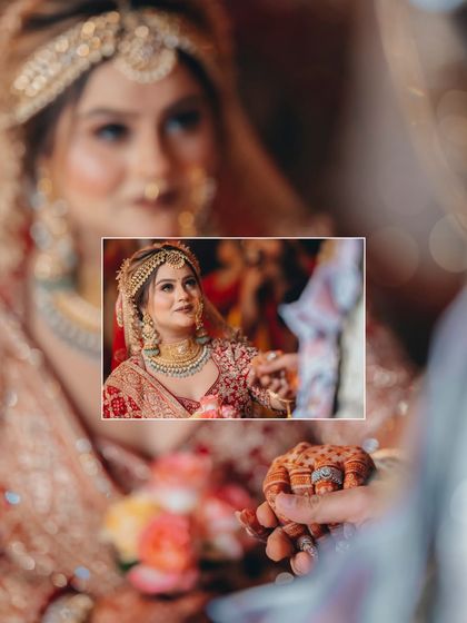 An artistic, through-the-crowd shot of Gurbani's Varmala moment, her expression of love and joy perfectly framed.