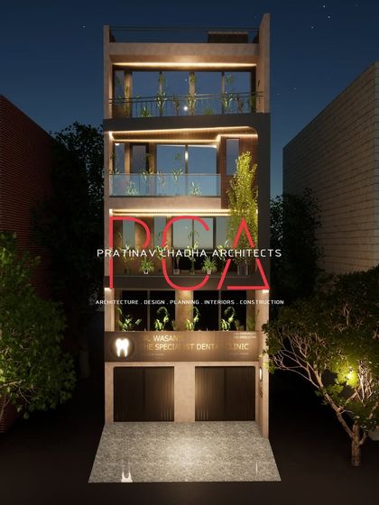 A dusk render of the Mukherjee Nagar residence, providing a clear view of the facade's proportions and material details.