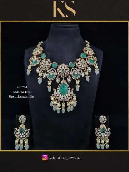 This uncut Kundan set in a refreshing mint green is a beautiful option for a summer wedding. The color is modern, while the design remains traditional.