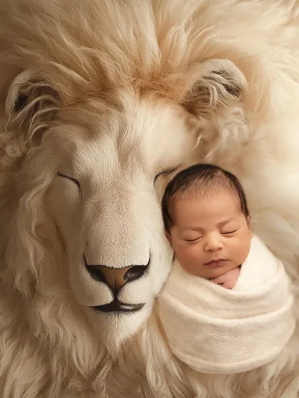 This is one of my favorite digital art pieces. I photograph your baby safely in my studio and then combine the image with a beautiful backdrop to create a true fantasy portrait, like this peaceful newborn resting with a gentle lion.