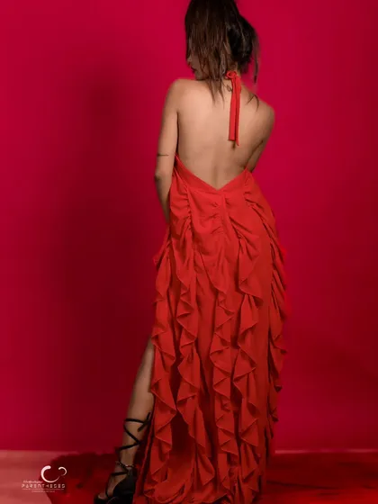 A beautiful shot from the back, showcasing the open-back design and the cascading ruffles of the gown.