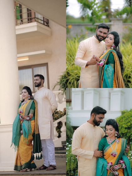 This collage showcases the couple's portraits in a beautiful outdoor setting. We use the architecture and greenery to create a variety of elegant shots.