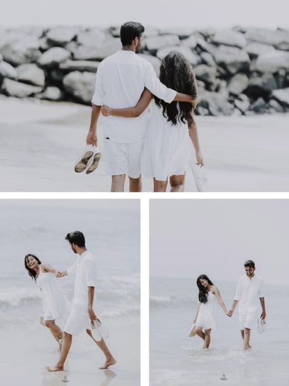A collage of a couple's playful and romantic moments on a beach, dressed in coordinated white outfits.