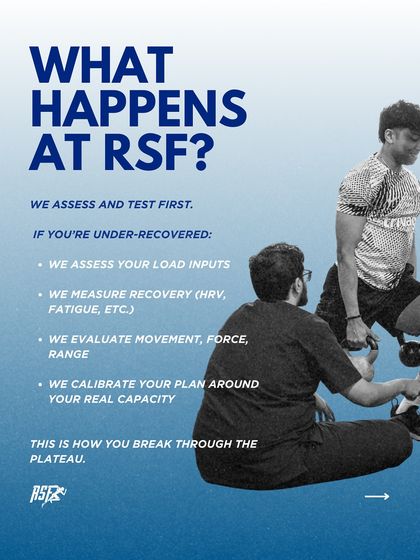 This is what happens when you hit a plateau at RSF. We test, assess recovery markers like HRV, evaluate your movement, and recalibrate your plan around your real capacity. This is our methodical approach to breaking through and achieving new levels of performance.