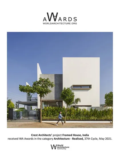 Our 'Framed House' project received a World Architecture Community Award in 2021. This award recognizes the project's realized architectural quality and its contribution to contemporary residential design.