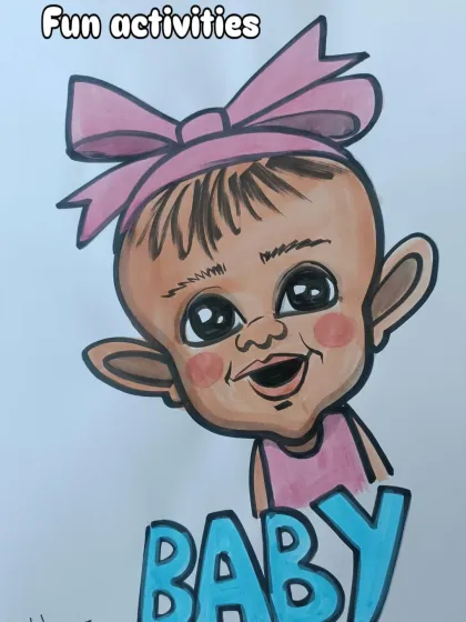 A cute baby caricature, perfect for birth announcements or a first birthday party.