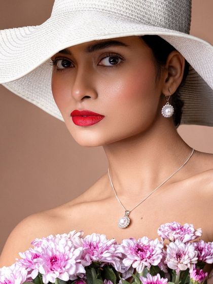 A close-up on the pearl jewelry and the perfect red lip, key elements of this sophisticated "Petals and Panama" beauty story.