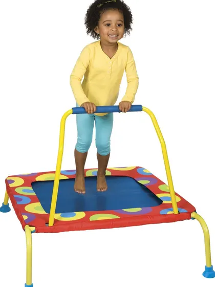 Perfect for younger children, this toddler trampoline with a handlebar provides extra stability. It helps little ones build confidence and balance as they enjoy their first bouncing experience.