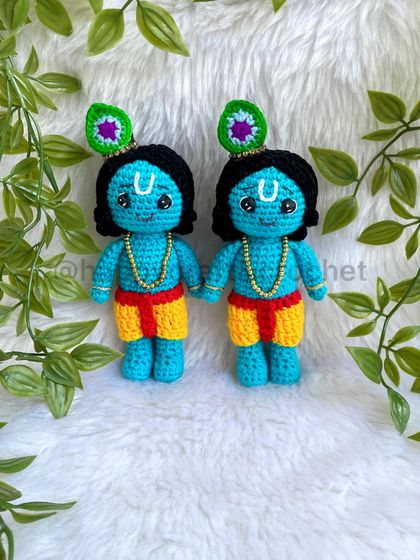 Two little Krishna dolls, side-by-side. They are one of my most popular designs and I love making them. Each one is handmade with love and is perfect for Janmashtami or as a gift for a loved one.