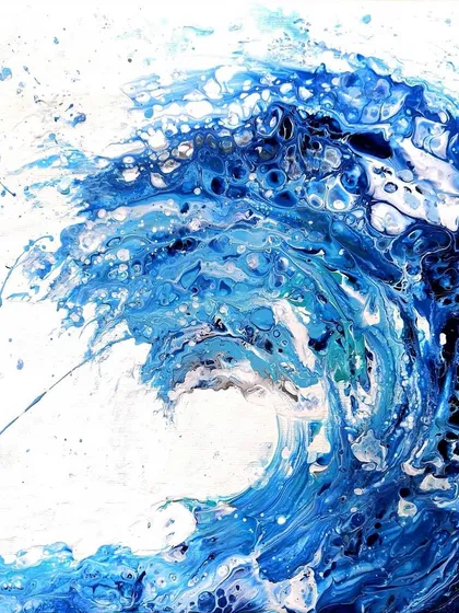 I love capturing the power and tranquility of nature, and this fluid art piece is my interpretation of a crashing ocean wave. Using various shades of blue and white, the acrylic paint flows to create organic patterns and a sense of dynamic movement. This shows my work beyond the Hearts Collection, perfect for bringing a piece of the ocean indoors.