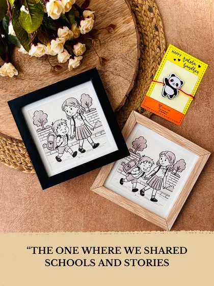 This Rakhi, gift a memory. Our hand-doodled monochrome frames capture those timeless sibling moments, like walking to school together. Available for just ₹199, it’s a small, personal gift that speaks right to the heart.