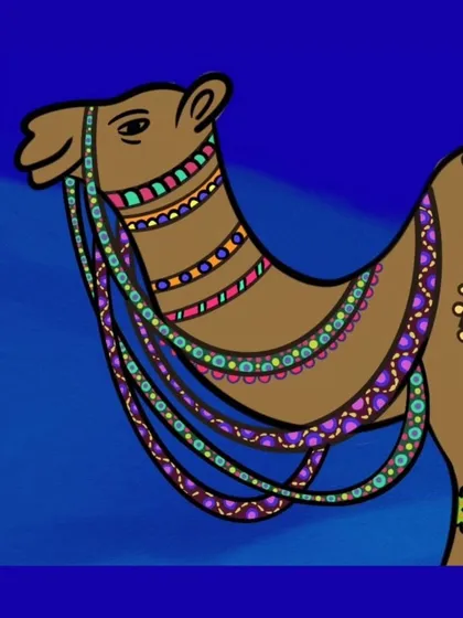 This detail shot focuses on the camel's decorated harness. I used bright, contrasting colors to give it a festive and lively feel, as if it's part of a grand procession.
