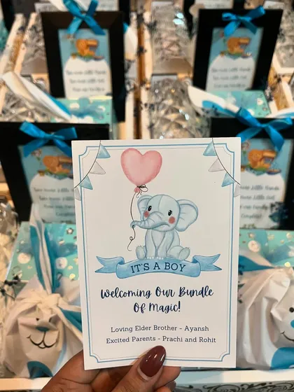 Announcing a new arrival is a magical moment. I design charming announcement cards and matching gift hampers, like this "It's a Boy" set, to help you share your joy with family and friends in the sweetest way.