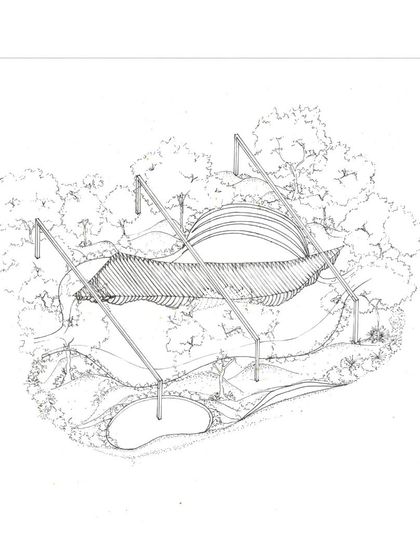 This conceptual sketch shows a central community court shaded by a sculptural parasol. The design creates an inviting public commons where residents can gather, sheltered by both the structure and the surrounding foliage.