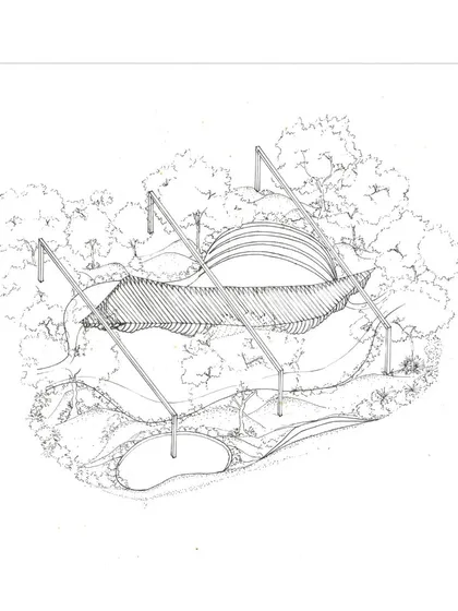 This conceptual sketch shows a central community court shaded by a sculptural parasol. The design creates an inviting public commons where residents can gather, sheltered by both the structure and the surrounding foliage.