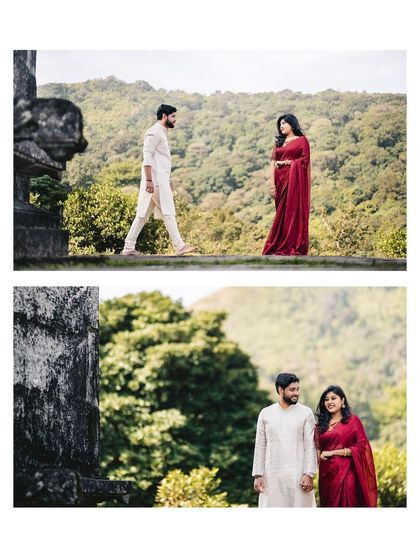 A couple shares a moment against a backdrop of lush green hills, a perfect example of our scenic pre-wedding photography in Sakleshpur.