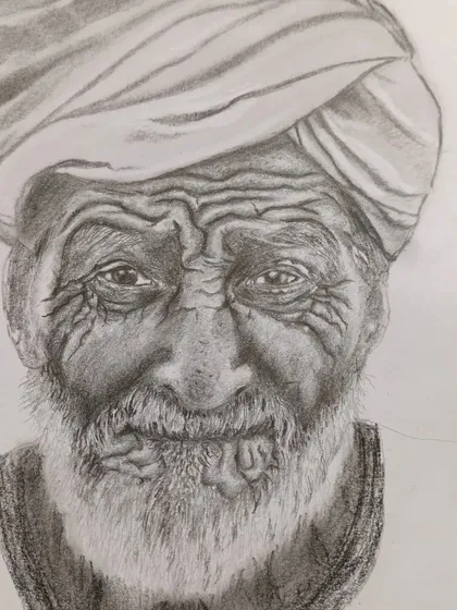Further progress on the same portrait, where the beard and clothing are beginning to take shape. This demonstrates how we work on different elements of the portrait in stages.
