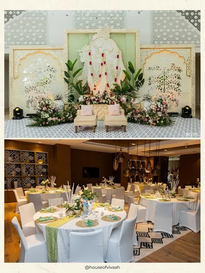 A collage of a serene Haldi in Doha, featuring a mirror mosaic theme with a Radhe Krishna installation, mint green tones, and elegant indoor seating.