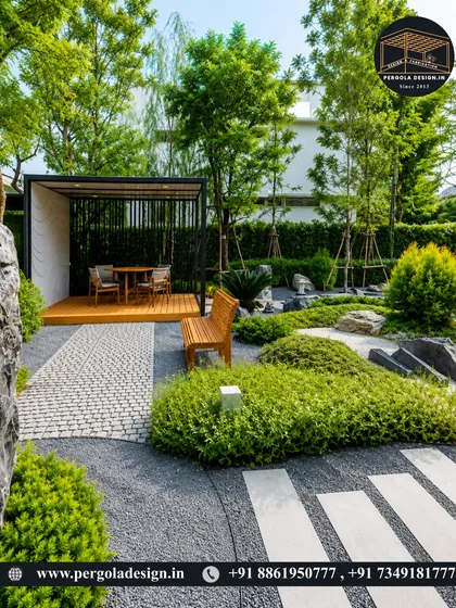 A minimalist pergola integrated into a Japanese-inspired garden design. The simple structure provides a focal point without overwhelming the meticulously landscaped surroundings of gravel, stone, and manicured shrubs.