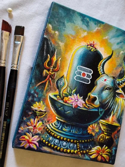 Here is the Mahadev painting with some of the brushes I used. It gives you an idea of the fine details that go into creating the texture and depth in the artwork.