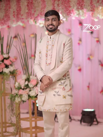 Seeing my designs come to life on my clients is the greatest reward. Here is a groom-to-be looking absolutely dashing in a custom-fit piece from my wedding collection for his engagement ceremony.