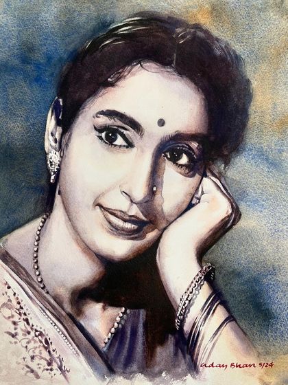 The final version of a monochrome portrait of Nutan, with a soft, contemplative expression. This was a demonstration from my complete watercolor course.