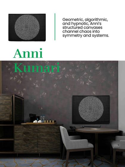A graphic highlighting Anni Kumari's geometric and hypnotic canvases, which channel chaos into symmetry, as part of our Four Seasons project.