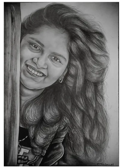 A commissioned graphite pencil sketch. I love how this portrait captures a moment of pure, spontaneous happiness. Using graphite allows me to focus on the fine details, from the light in her eyes to the flow of her hair, creating a timeless and personal keepsake.