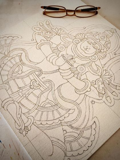 The initial pencil sketch for the meditative Anjeneyar painting. The complex, interwoven pose is carefully planned out.