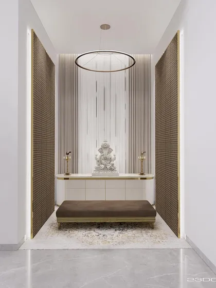 A serene prayer room (puja space) designed for the Meraki project. A calm, neutral palette, a modern circular light fixture, and textured side panels create a peaceful and contemplative atmosphere centered around a beautiful Ganesha idol.