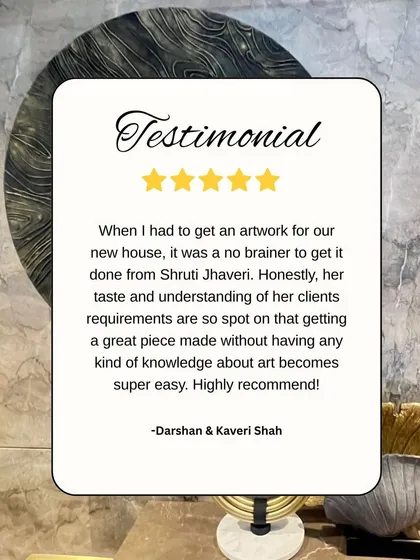 Nothing makes me happier than seeing my art find its perfect home. This testimonial from Darshan and Kaveri Shah for their "Cosmic Current" piece speaks to my collaborative process, where I work closely with you to create something that truly resonates with your story and space.
