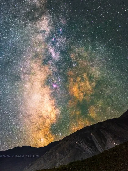 A detailed close-up of the Milky Way's galactic core, captured in the pristine dark skies of Suru Valley, Ladakh. The image reveals the vibrant dust lanes and star clusters that are often invisible to the naked eye.